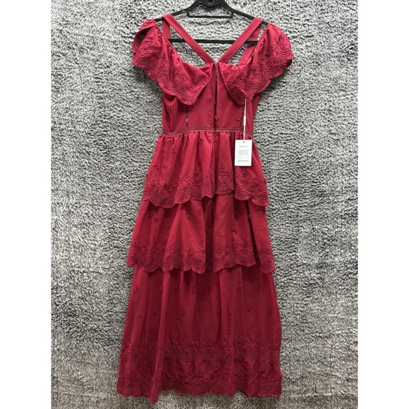Self-Portrait Raspberry Red Lace Tiered Off Shoulder Dress UK 8 NWT - Picture 2 of 9